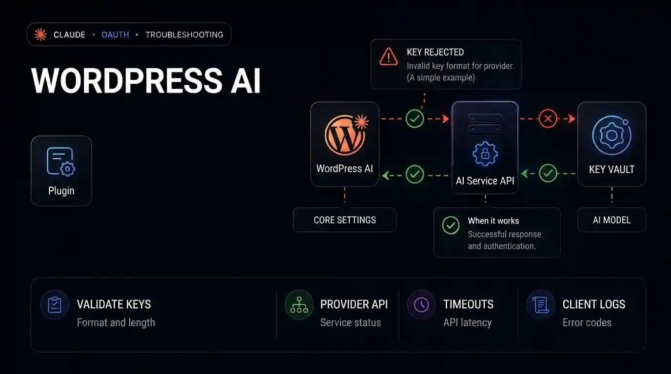 WordPress AI provider settings screen rejecting a valid API key