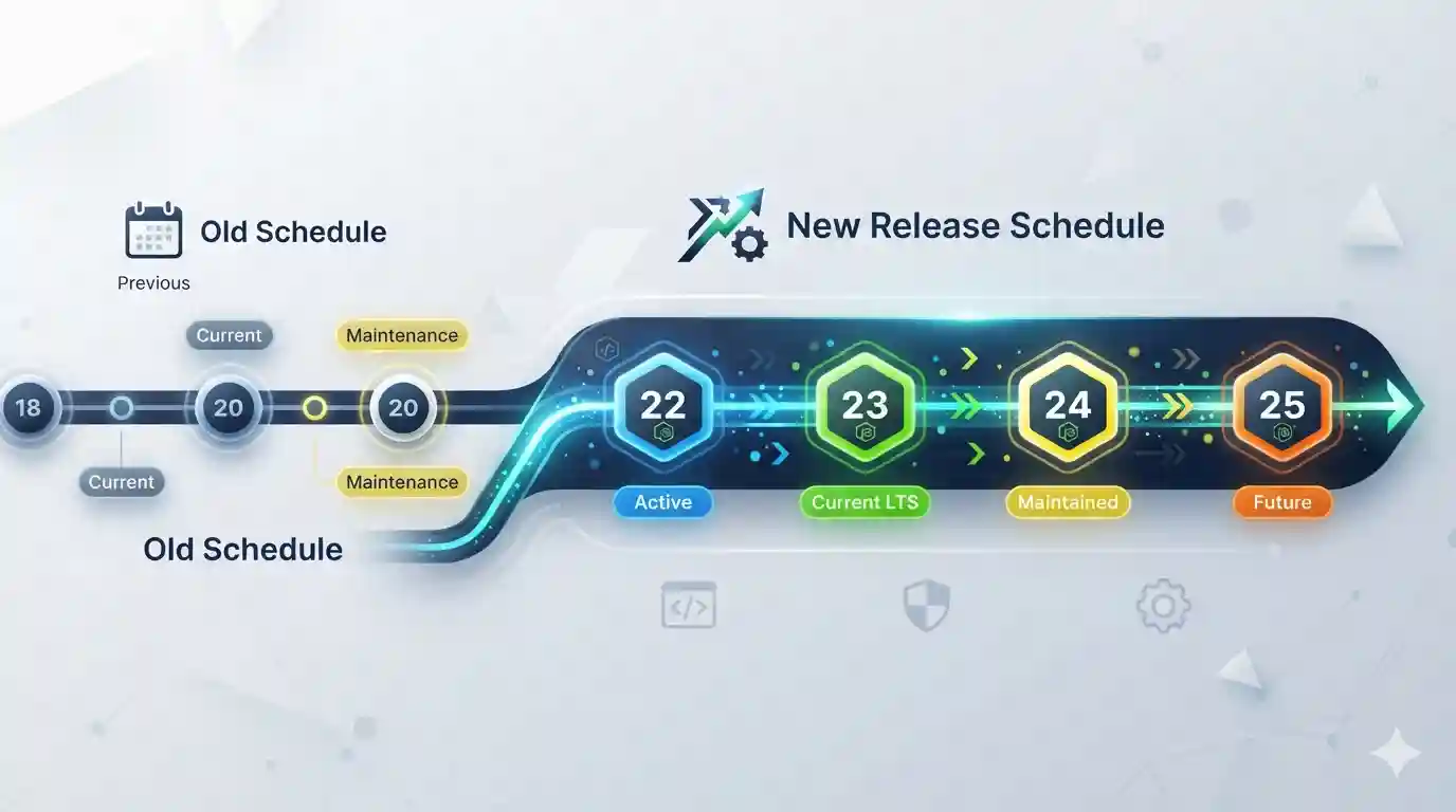 Timeline of the Node.js release schedule change, from version 26 under the old model to version 27 under the new annual model