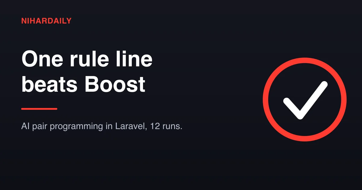 Hero graphic for a one-line rule beating Laravel Boost guidelines in AI pair programming
