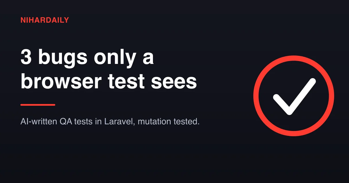 Hero graphic for AI-written Pest browser tests tested with seven deliberate breaks