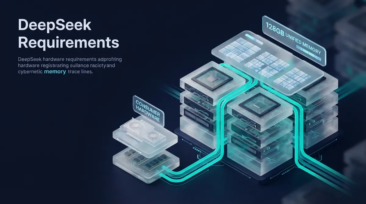 GPU server rack with a table of DeepSeek VRAM requirements