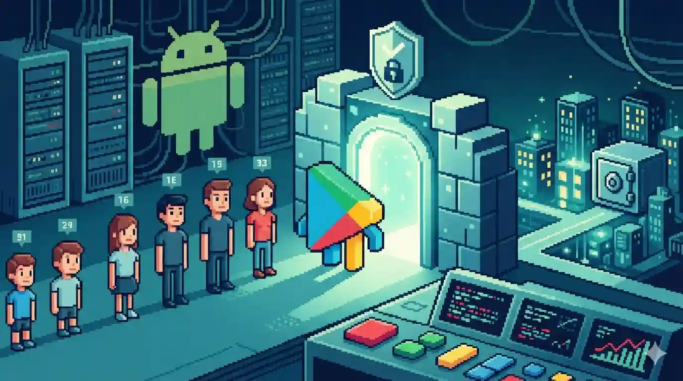 Editorial illustration representing Google Play's new age verification and age-signal sharing system for Android apps