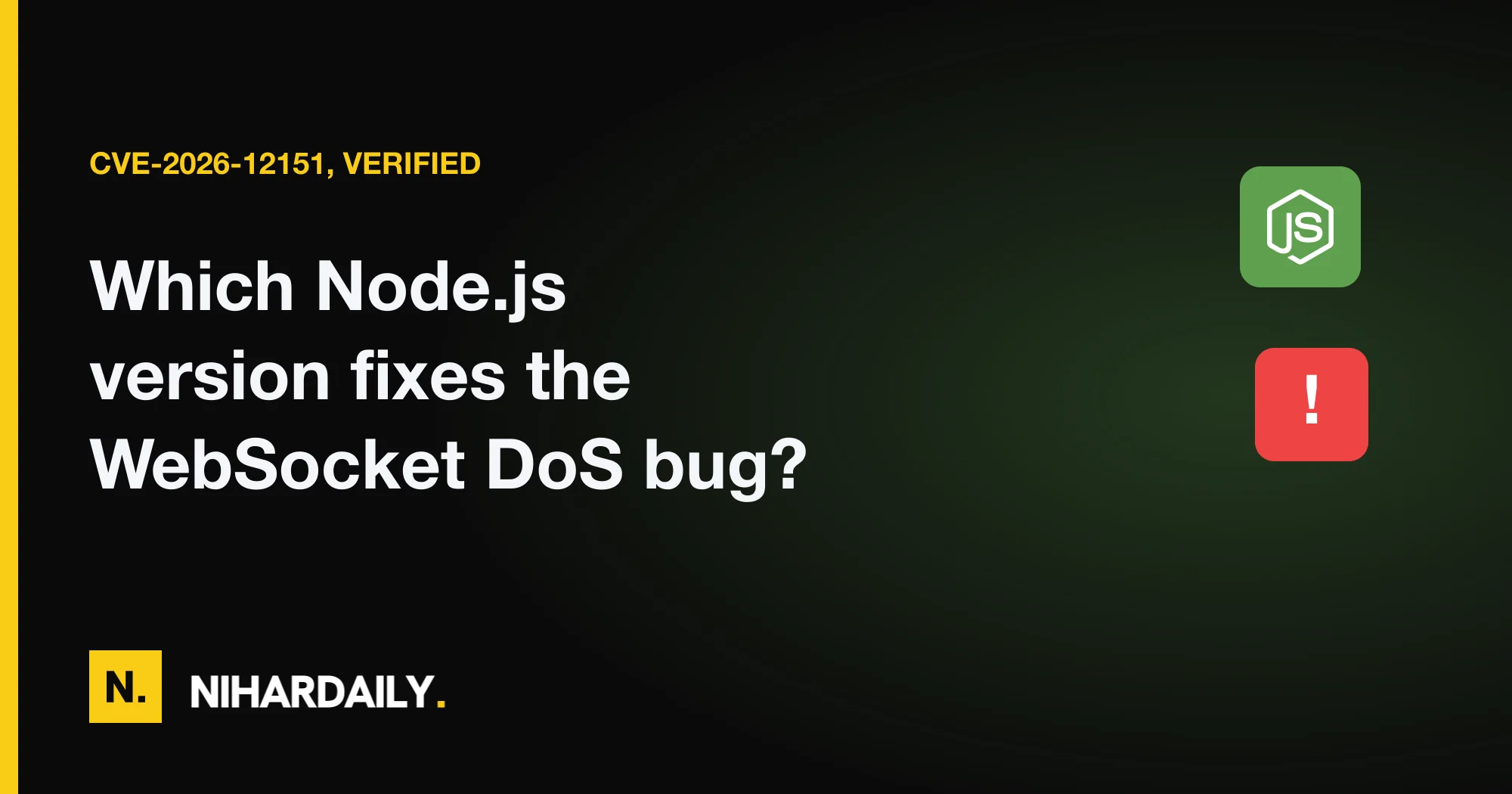 Node.js logo beside a shield icon and a version number table showing the patched release