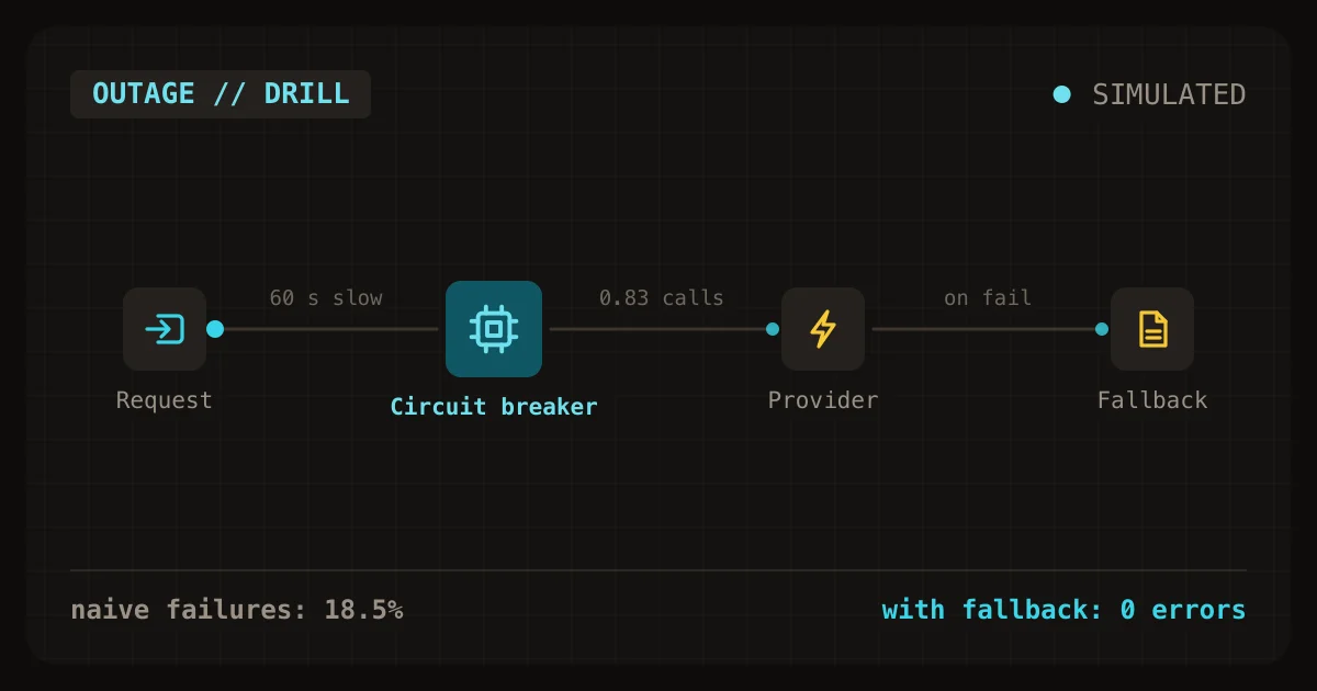 Simulated model provider outage drill comparing retry policies, a circuit breaker and a fallback on 12,000 AI requests