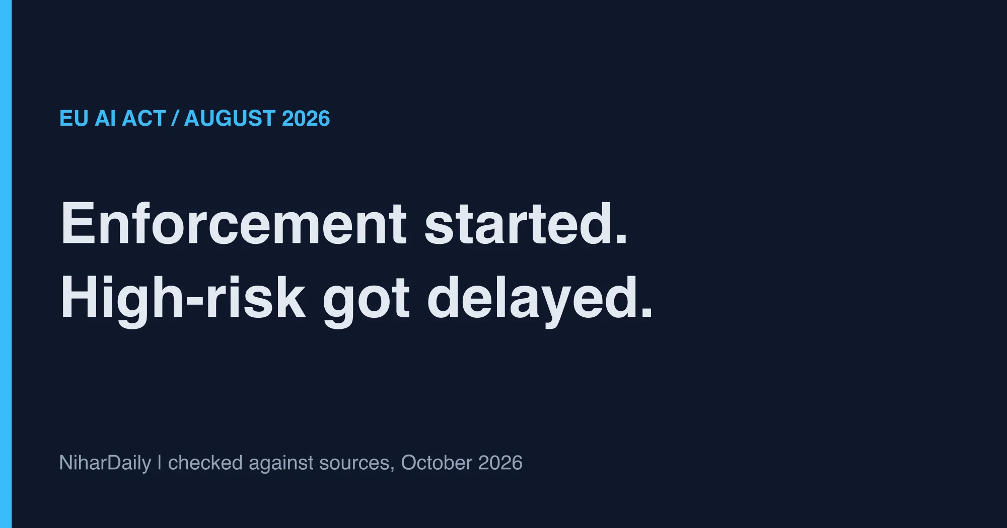 Timeline of the EU AI Act from February 2025 to August 2028 showing enforcement in August 2026 and delayed high-risk duties